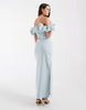 Object extreme off the shoulder satin ruffle trim maxi dress in soft blue