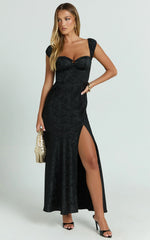 Vance Midi Dress - Ruched Cap Sleeve Bustier Bias Cut Dress in Black