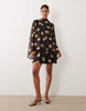 printed mesh draped blouson mini dress in polka-dot print