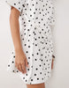 wrapped waist mini dress with lace hem in mono polka dot