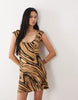 Tall mini dress with cap sleeves in brown abstract print