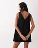 cotton linen v neck smock mini dress in black