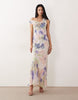 Tall fallen twist shoulder chiffon midi dress in abstract print
