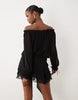 Oh Polly chiffon off shoulder balloon sleeve layered skirt tie detail mini dress in black