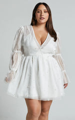 Solanna Mini Dress - Long Puff Sleeve V Neck Dress in White
