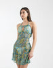 Aray halterneck sheer beach mini dress in turquoise paisley print
