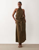 linen look halter neck bubble hem maxi dress in khaki