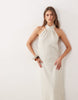 textured knit halterneck midi dress in cream and light green stripes