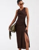 & Other Stories draped asymetric linen maxi dress in dark brown
