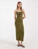 rib knit midi dress in khaki green with white contrast trim