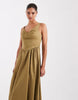 waisted V-neck maxi dress with seaming details in olive
