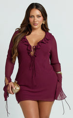 Alesya Mini Dress - Ruffle Plunge Neck Long Sleeve Tie Detail Dress in Wine