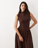 high neck drop waist sleeveless maxi dress in chocolate