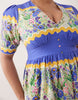 Hope & Ivy Plus v-neck puff sleeve midi smock dress in blue and yellow floral print