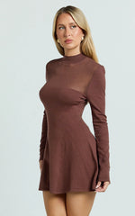 Camilla Mini Dress - Turtle Neck Fit And Flare Sheer Contrast Knit Dress in Chocolate