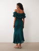 lace mix bardot off shoulder ruffle midi dress in teal