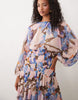 long sleeve blouson maxi dress with gauged ruched waist detail in romantic floral print