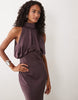 halter neck blouson satin maxi dress in chocolate brown