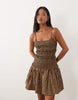 Petite crinkle mini dress with shirred dropped waist in navy and tan gingham