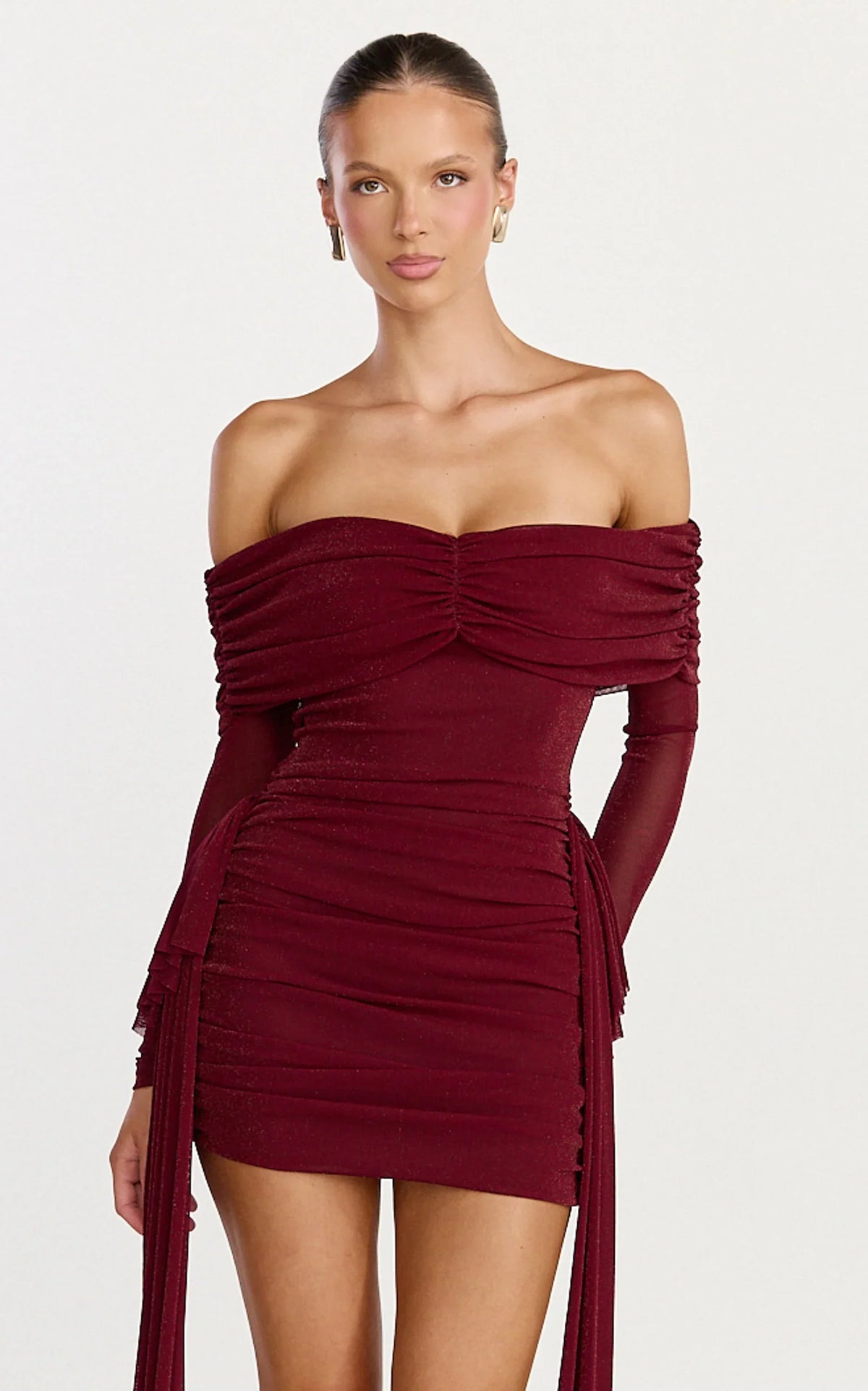 Coraline Mini Dress - Long Sleeve Off Shoulder Lurex Mesh Dress in Wine