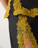 bias cut double layer lace appliqué satin maxi dress in black