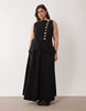 Curve linen look vest maxi dress with poplin skirt in black