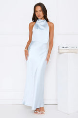 Draped In Diamonds Satin Halter Maxi Dress Blue