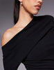 pleated shoulder midi pencil dress in black