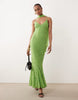 Tall bias cut plunge neck cami dress with full godets and scarf detail in green