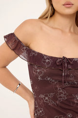 Motel Catrin Dress Doodle Flower Flock Brown