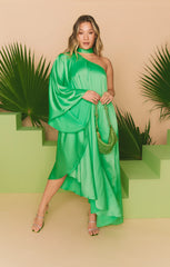 Rhea One Shoulder Dress ~ Kiwi Luxe Satin