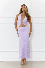 Glow Up Moment Mesh Halter Maxi Dress Lilac
