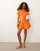 poplin short sleeve mini dress with ruching tie waist detail in tangerine orange
