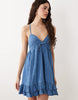 denim v neck mini dress with frill detail in mid blue