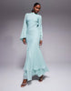 long sleeve high neck maxi dress with ruffle godets and flute sleeves in teal