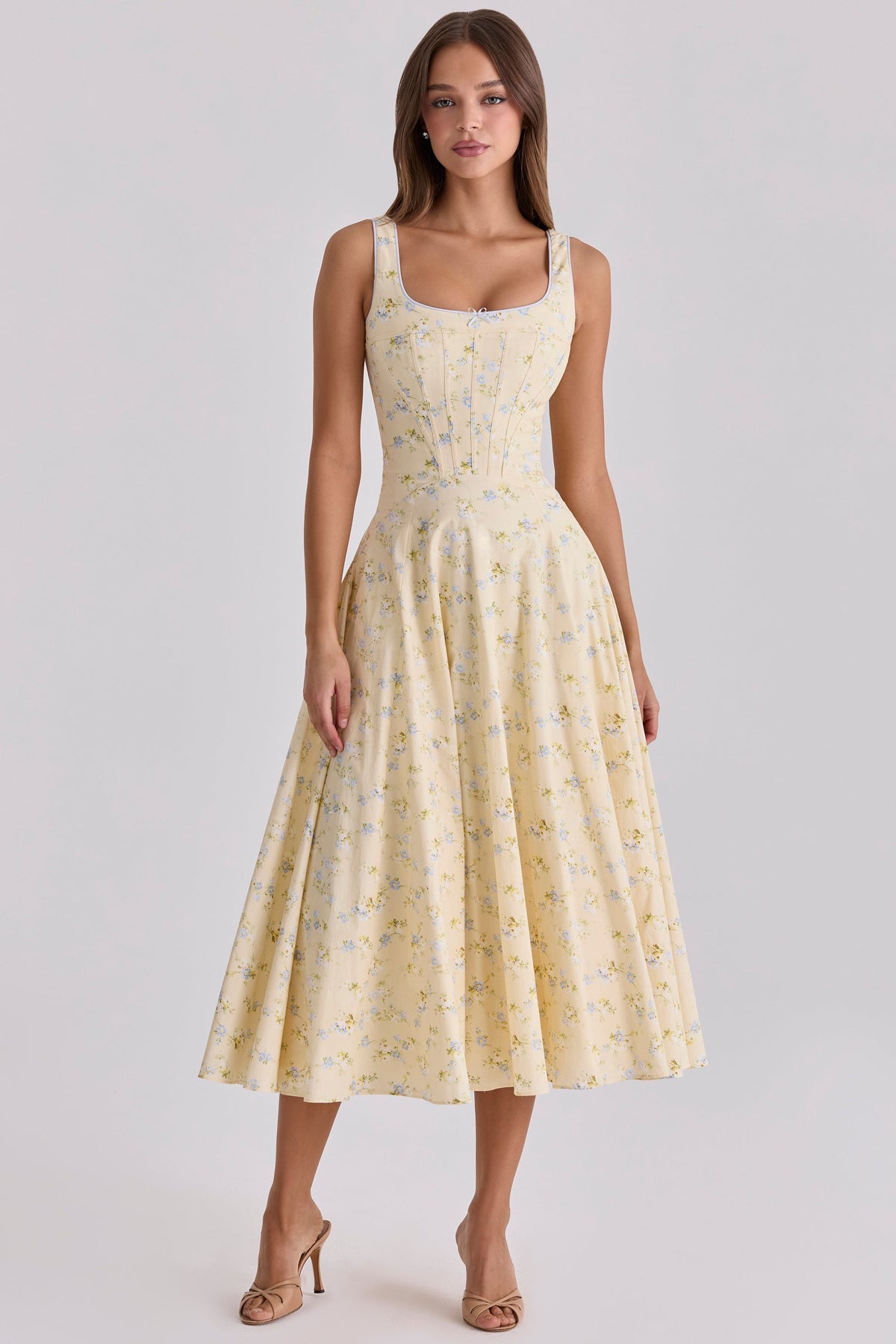 lemon floral print cotton lace up midi sundress