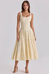 lemon floral print cotton lace up midi sundress