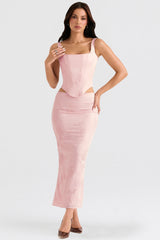pink metallic floral satin midi skirt