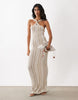 crochet knit halter maxi dress with trim in striped print