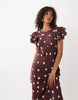Nobody's Child Lola v neck back detail flutter sleeve midi dress in brown polka dot print