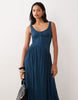 crinkle button through midi dress in denim blue