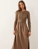 Threadbare jersey poplin mix midi dress with button up top in mocha