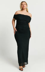 Caterina Maxi - Ruched Off Shoulder Mesh Dress in Black