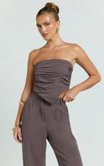 Norma Top - Strapless Linen Blend Scarf Tie Top in Mushroom