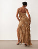 embellished shell midi dress with ruffle detail in gold