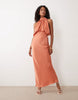 halter neck blouson satin maxi dress in copper