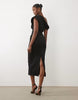asymmetric off shoulder midi dress in black scuba-style fabric