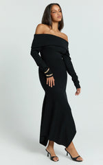 Karina Midi Dress - Long Sleeve Folded Off Shoulder Asymmetric Dress in Black