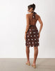 Lioness Solana sheer panel halterneck satin mini dress in chocolate and cream polka dots