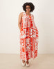 Curve ruched scoop neck midaxi sundress in red patchwork print